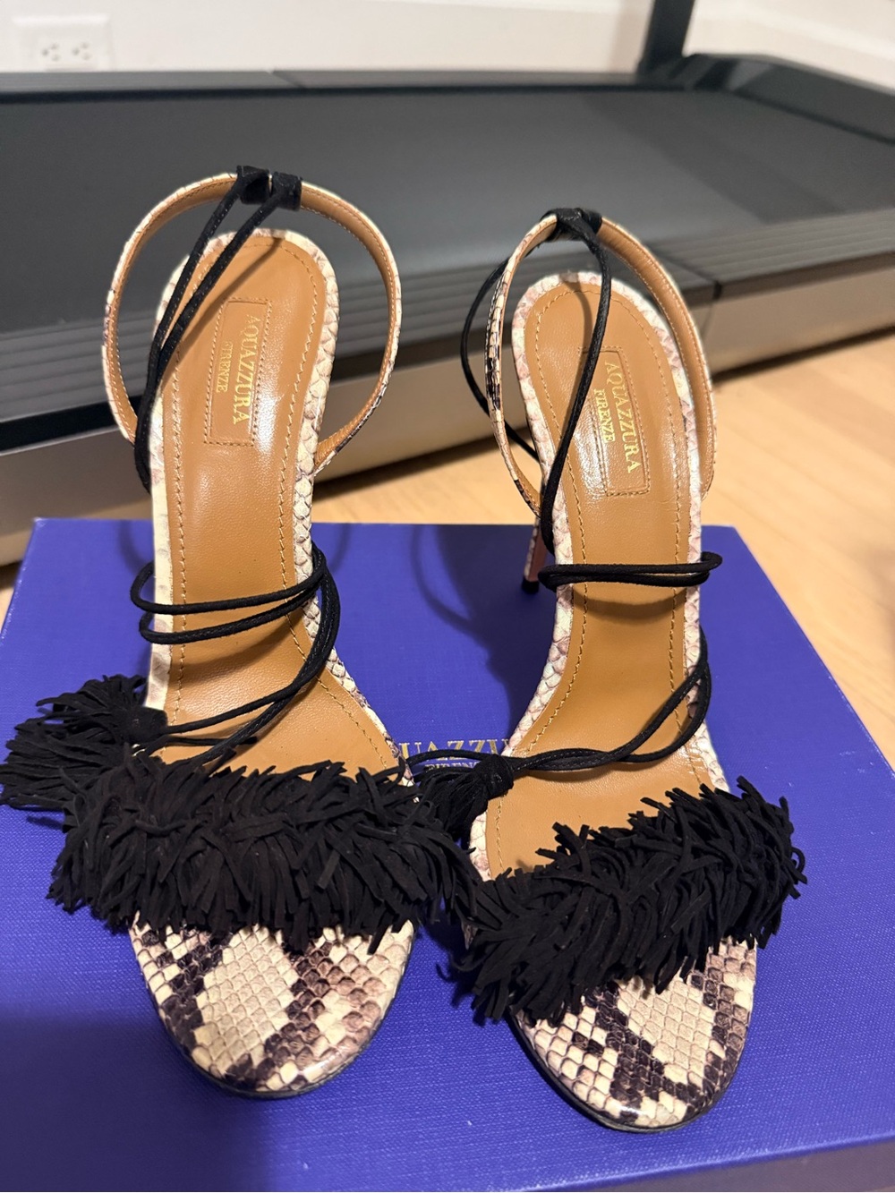 Aquazzura Black Fringe Python-Print Lace-Up Heels